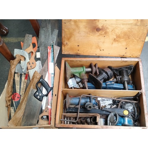 110 - Wooden crate and box of mixed tools; Wooden crate contains vintage car jacks and box contains variou... 