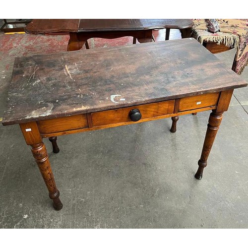 107 - 19th century stained pine preparation/ work table, Single under drawer and supported on turned legs.