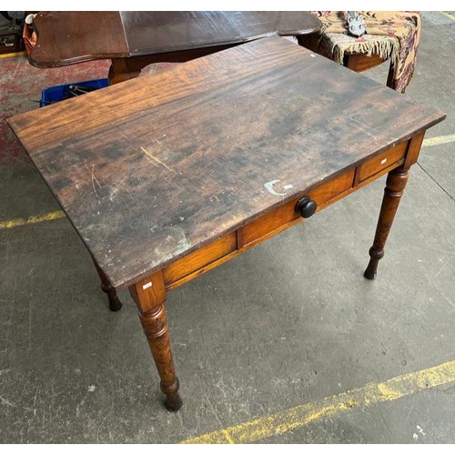 107 - 19th century stained pine preparation/ work table, Single under drawer and supported on turned legs.