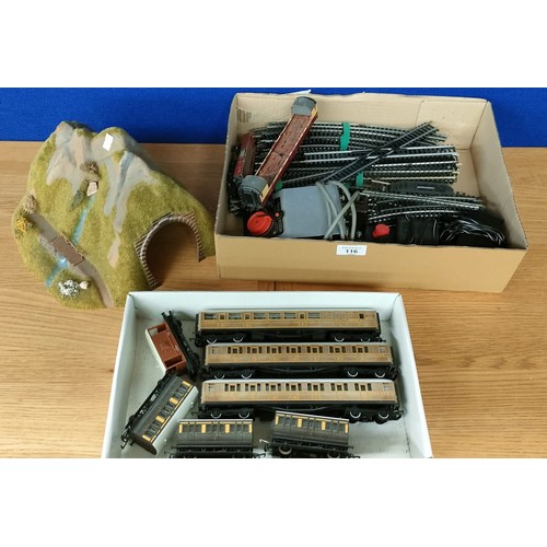 116 - Selection of Hornby items; Various train track, Tunnel, Carriages and Tri-ang power pack.