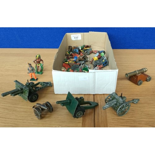 117 - Small box of mixed antique lead figures and metal canons; Lead hand painted totem pole, cowboy and I... 