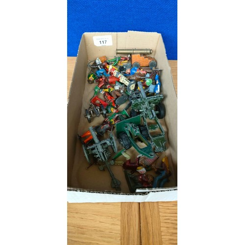 117 - Small box of mixed antique lead figures and metal canons; Lead hand painted totem pole, cowboy and I... 