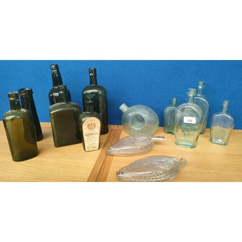 133 - A Collection of antique and vintage glass bottles, Includes unusual bubble style bottle with engrave... 