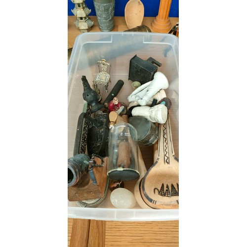 134 - Small box of collectable odds and wooden carved Maya style flute; Egg timer, Brass pagoda, Trinkets ... 