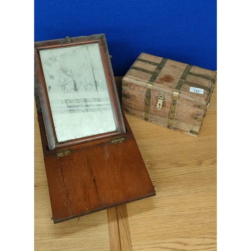 142 - Hardwood and brass bound box and antique travel box with mirror