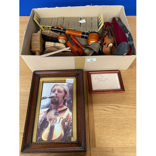 157 - Box of Musical items; Miniature instruments and bells.