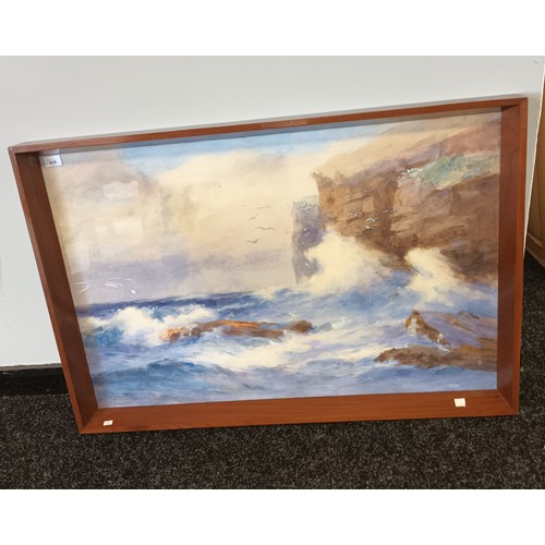 1260 - H.M Thomas
Large framed watercolour depicting crashing waves  seascape, signed.

[Frame 71x105cm]