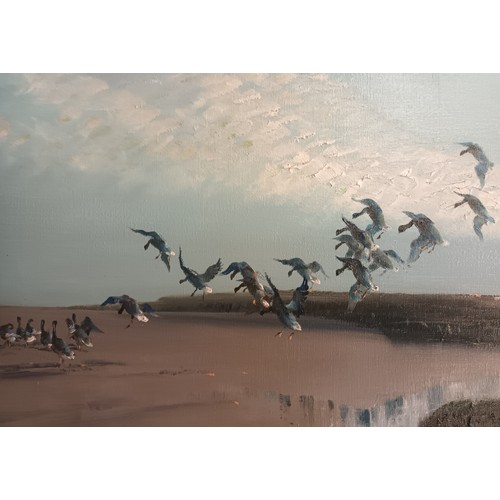 1262 - Vernon Ward- Veron de Beuvoir Ward (1905-1985)
Original oil on canvas titled 'Pink Footed Geese alig... 