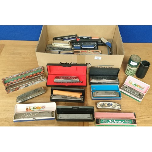 175 - Box of mixed vintage harmonicas/ mouth organs; Hohner, Humming  M Suzuki, Johnson The Blues King and... 