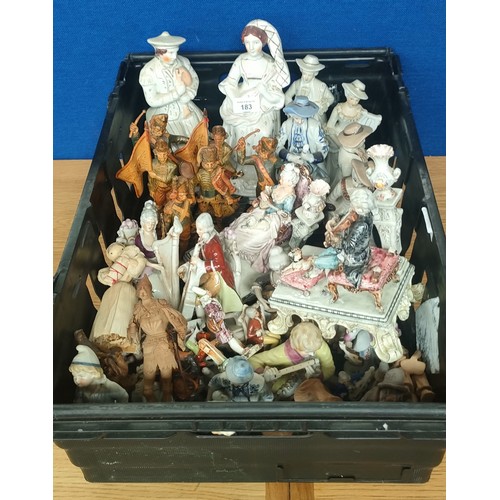 183 - Crate of Porcelain figurines; A Pair of Staffordshire musician figurines, Hard plastic military figu... 