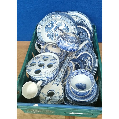 184 - Crate of Blue and white porcelain; Antique Delft porcelain mandolin sculpture, Spode blue and white ... 