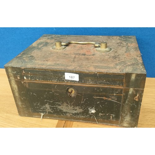 187 - 19th century deed box with key.