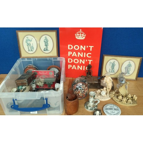 190 - Box of collectable odds; Chinese figures, Joiners wood plane, Anchovy Paste pot lid and many more it... 