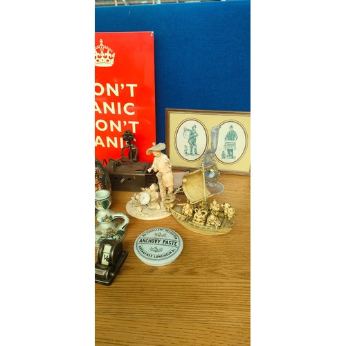 190 - Box of collectable odds; Chinese figures, Joiners wood plane, Anchovy Paste pot lid and many more it... 