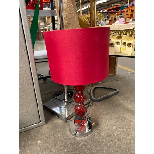 333 - Contemporary Chrome and red glass floor standing lamp with matching table lamp