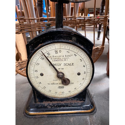 354 - Crate of mixed items; Salter Family Scales, Flower wicker basket, Burslem planter and large Victoria... 