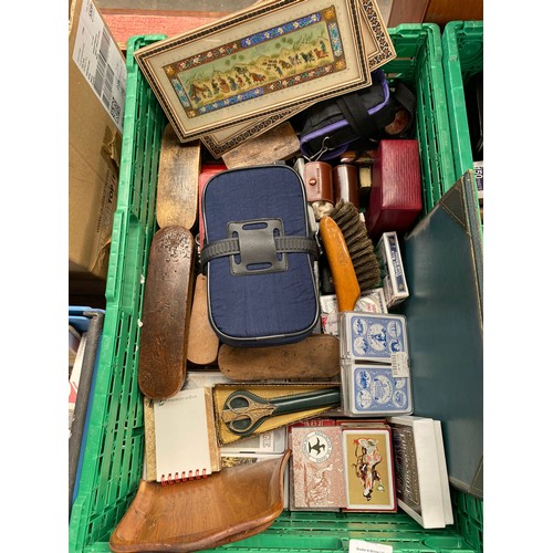 358 - Two crates of collectables; Boxed card decks, vintage hand brushes, steins and many other items