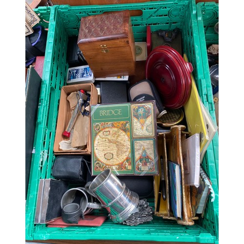 358 - Two crates of collectables; Boxed card decks, vintage hand brushes, steins and many other items