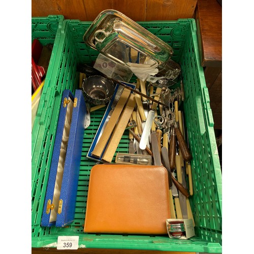 359 - Crate of silver plated and E.P wares; Boxed canteen of cutlery, Gentlemans travel manicure set and v... 