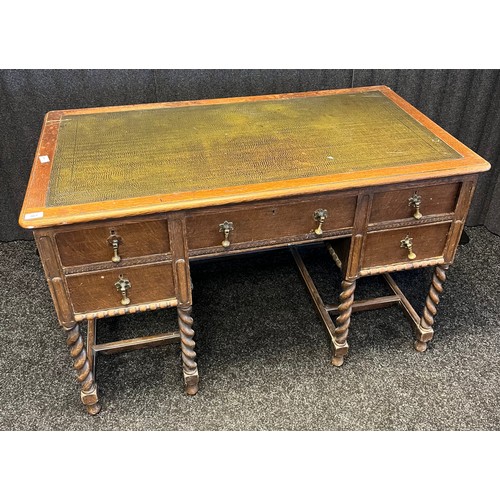 899 - 19th century oak knee hole writing desk. Fitted with a green leather top section, Single drawer to c... 