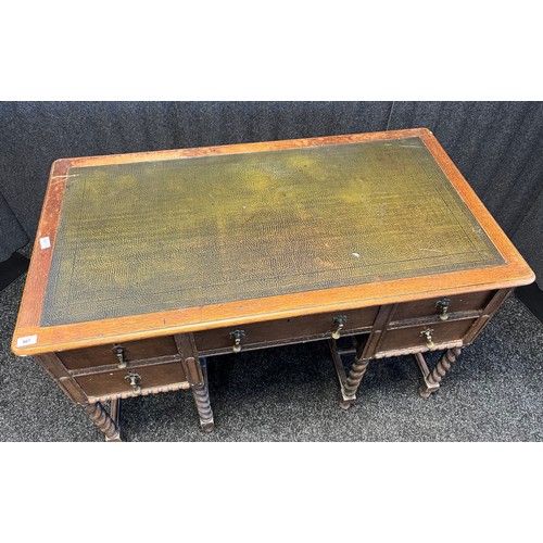 899 - 19th century oak knee hole writing desk. Fitted with a green leather top section, Single drawer to c... 