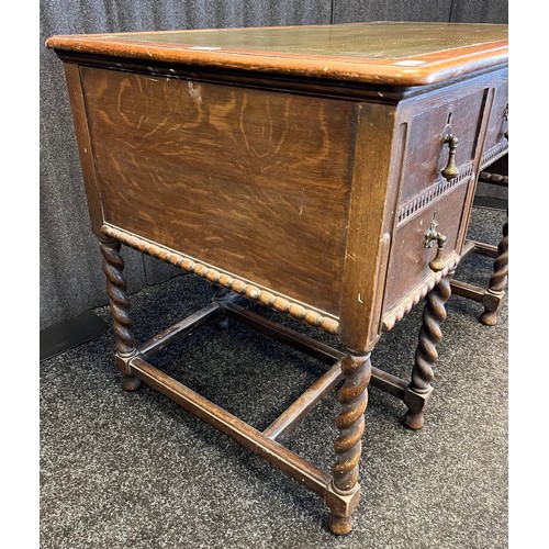 899 - 19th century oak knee hole writing desk. Fitted with a green leather top section, Single drawer to c... 