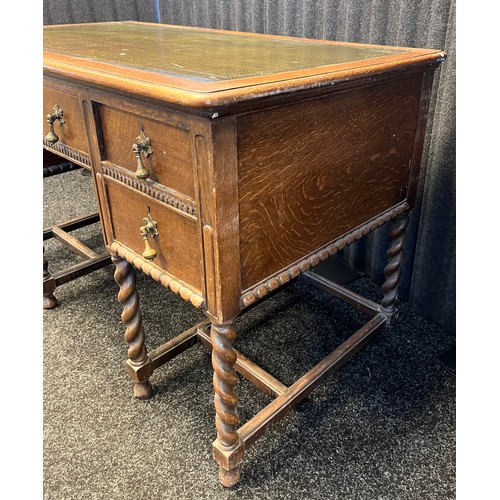 899 - 19th century oak knee hole writing desk. Fitted with a green leather top section, Single drawer to c... 