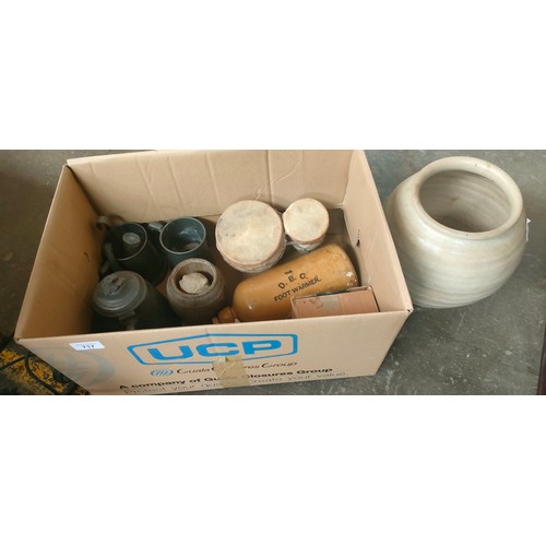 717 - Box of odds; studio pottery bulbous vase, Wooden turned barrel vase, Pewter steins and odds.