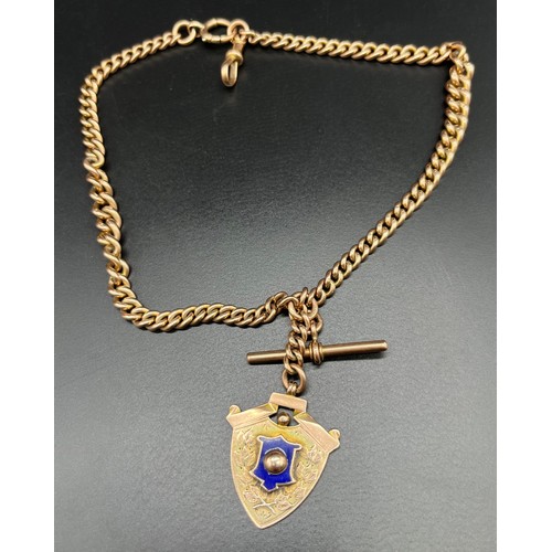 1155 - Antique 9ct gold albert chain, T-Bar and 9ct and enamel fob medal. [62.33grams]