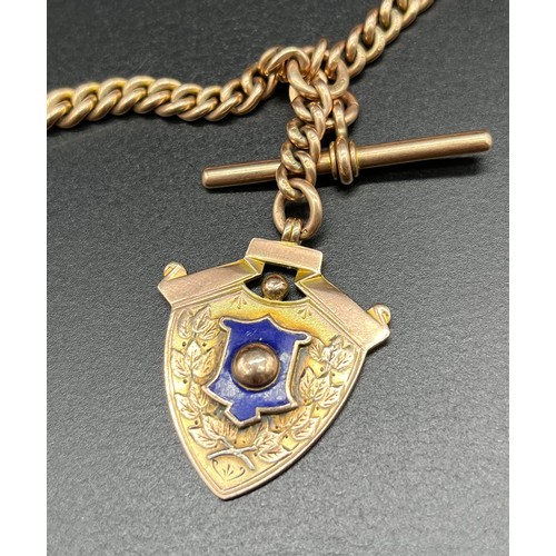 1155 - Antique 9ct gold albert chain, T-Bar and 9ct and enamel fob medal. [62.33grams]