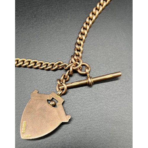 1155 - Antique 9ct gold albert chain, T-Bar and 9ct and enamel fob medal. [62.33grams]