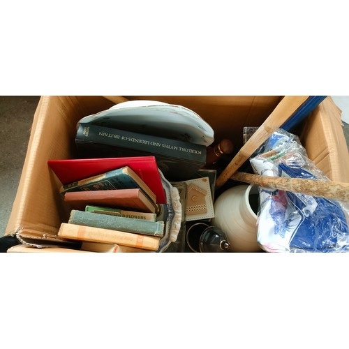 822 - Box of odds; Walking sticks, Vases, books and many more items