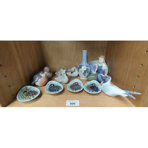 806 - Shelf of Royal Copenhagen figures, Birds and dishes.