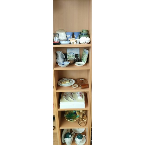 790 - Six shelves of collectables; Denby Greenwheat design coffee and tea pot, Majolica floral design comp... 