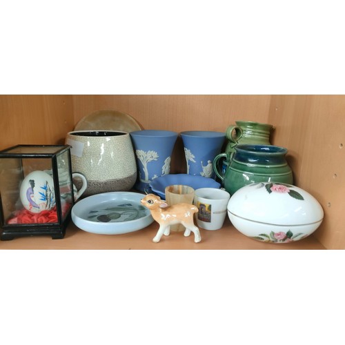 790 - Six shelves of collectables; Denby Greenwheat design coffee and tea pot, Majolica floral design comp... 