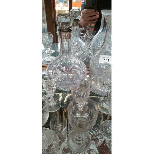 771 - A Collection of antique crystal and glass; Silver collar decanter, Georgian Drinking glasses, Rummer... 