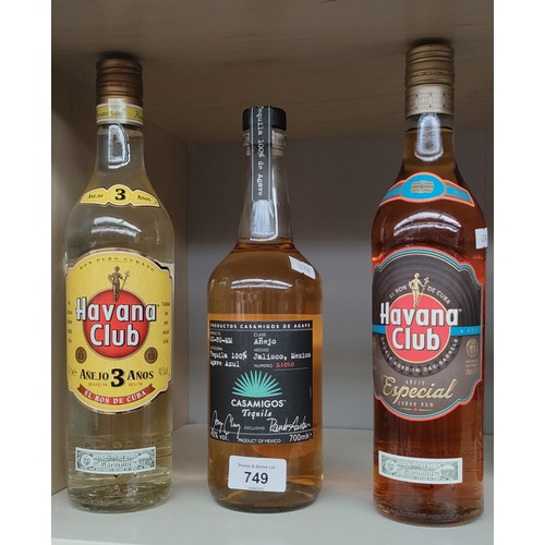 749 - Three Bottles of Rum & Tequila; Casamigos George Clooney Number 21010 and two bottlings of Havana Cl... 