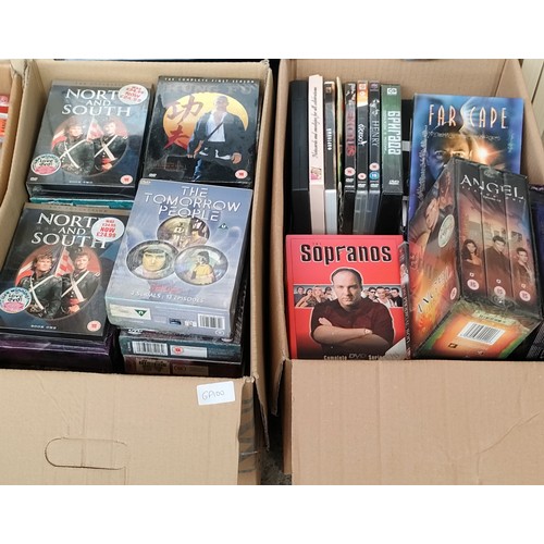 745 - Four boxes of mixed box Sets of DVD's and book; North and South, Futurama, Farscape and many others