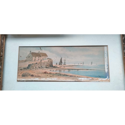 836 - S.E.HALL 
A pair of antique watercolours depicting coastal scenes. Fitted within moulded gilt frames... 