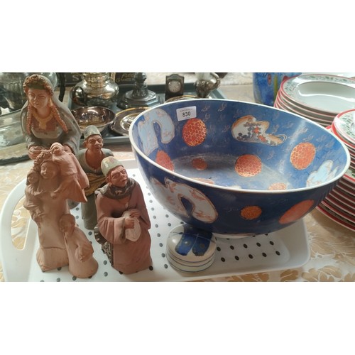 830 - Chinese bowl, Terra cotta figures and studio pottery lidded dish