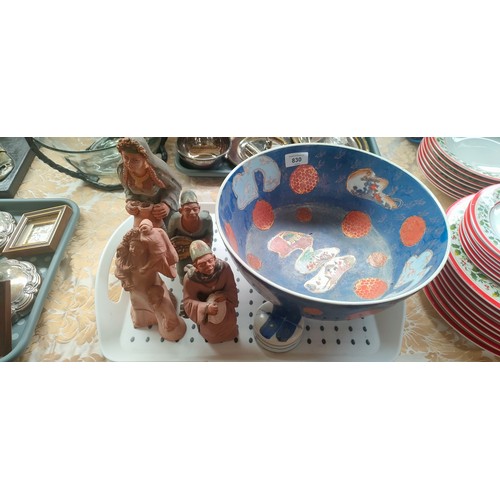 830 - Chinese bowl, Terra cotta figures and studio pottery lidded dish