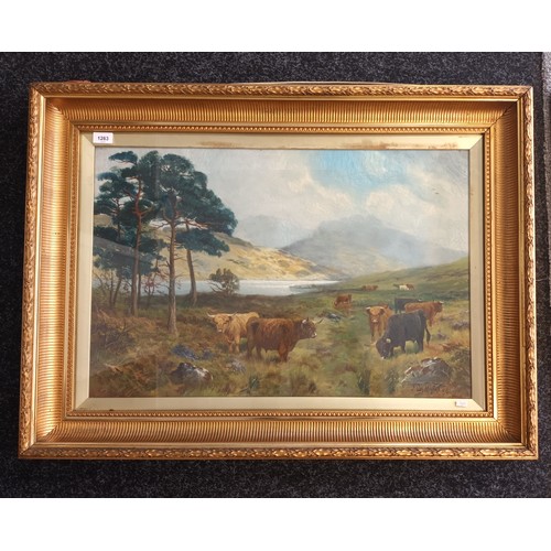 1263 - F. Middleton
Antique oil on canvas depicting Highland cows grazing in a scenic landscape within a go... 