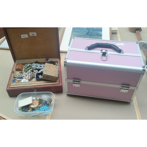 847 - Pink Jewellery box together with jewel box containing costume jewellery