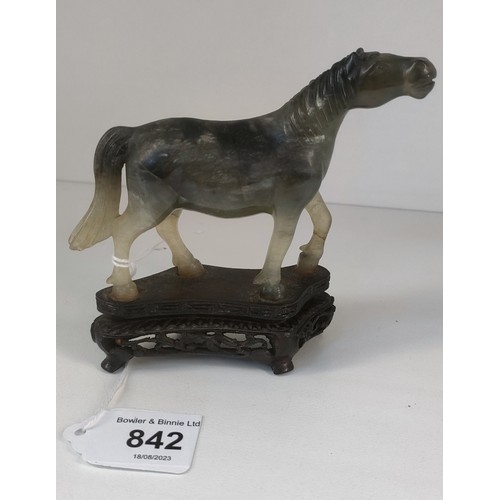 1240 - Antique Chinese carved jade horse sculpture sat upon a carved wooden base. [10x12x3cm]