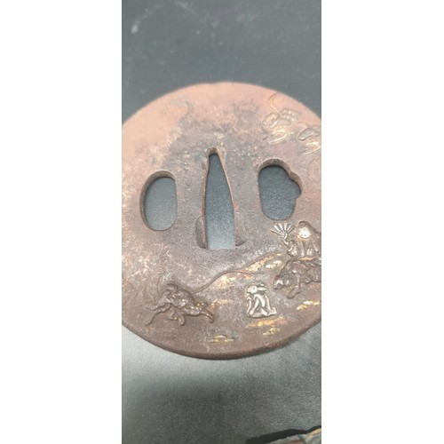 1241 - 19th century Japanese Edo period Tsuba hand guard, Menuki ornate part and three coins.