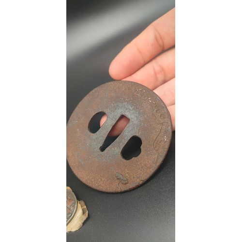 1241 - 19th century Japanese Edo period Tsuba hand guard, Menuki ornate part and three coins.