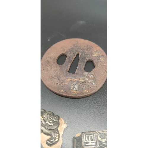 1241 - 19th century Japanese Edo period Tsuba hand guard, Menuki ornate part and three coins.