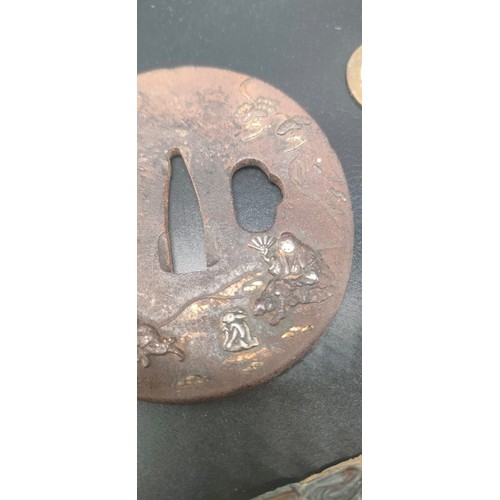 1241 - 19th century Japanese Edo period Tsuba hand guard, Menuki ornate part and three coins.