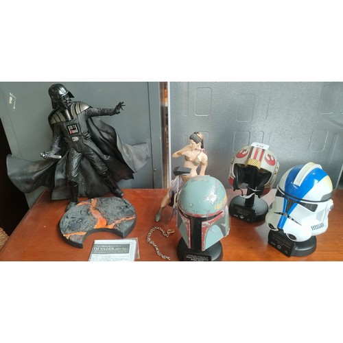 839 - Selection of collectable star wars items; Three Master Replica helmets- Boba Fett, Luke x-wing pilot... 