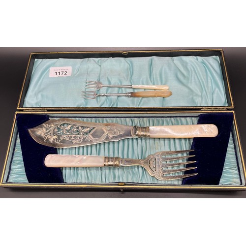 1172 - Antique boxed set of E.P Serving knife and fork with Sheffield silver collars and Mother of pearl ha... 